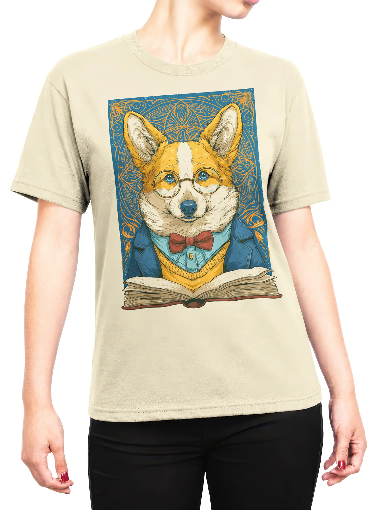 Woman wearing the beige professor corgi t-shirt with the scholarly dog and open book graphic centered on the chest