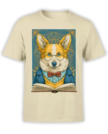 Beige unisex t-shirt featuring a scholarly corgi in glasses and blazer above an open book framed by an ornate teal and gold pattern