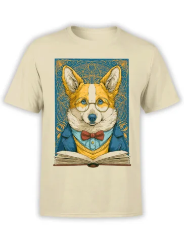 Beige unisex t-shirt featuring a scholarly corgi in glasses and blazer above an open book framed by an ornate teal and gold pattern