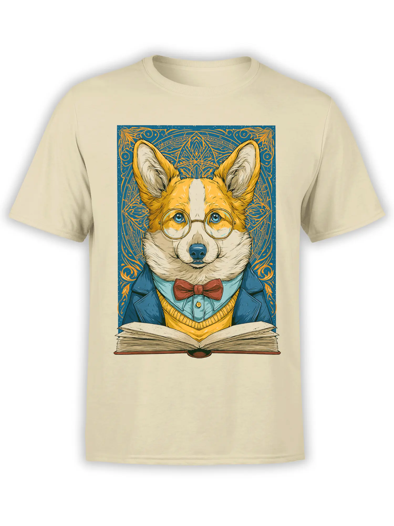 Beige unisex t-shirt featuring a scholarly corgi in glasses and blazer above an open book framed by an ornate teal and gold pattern
