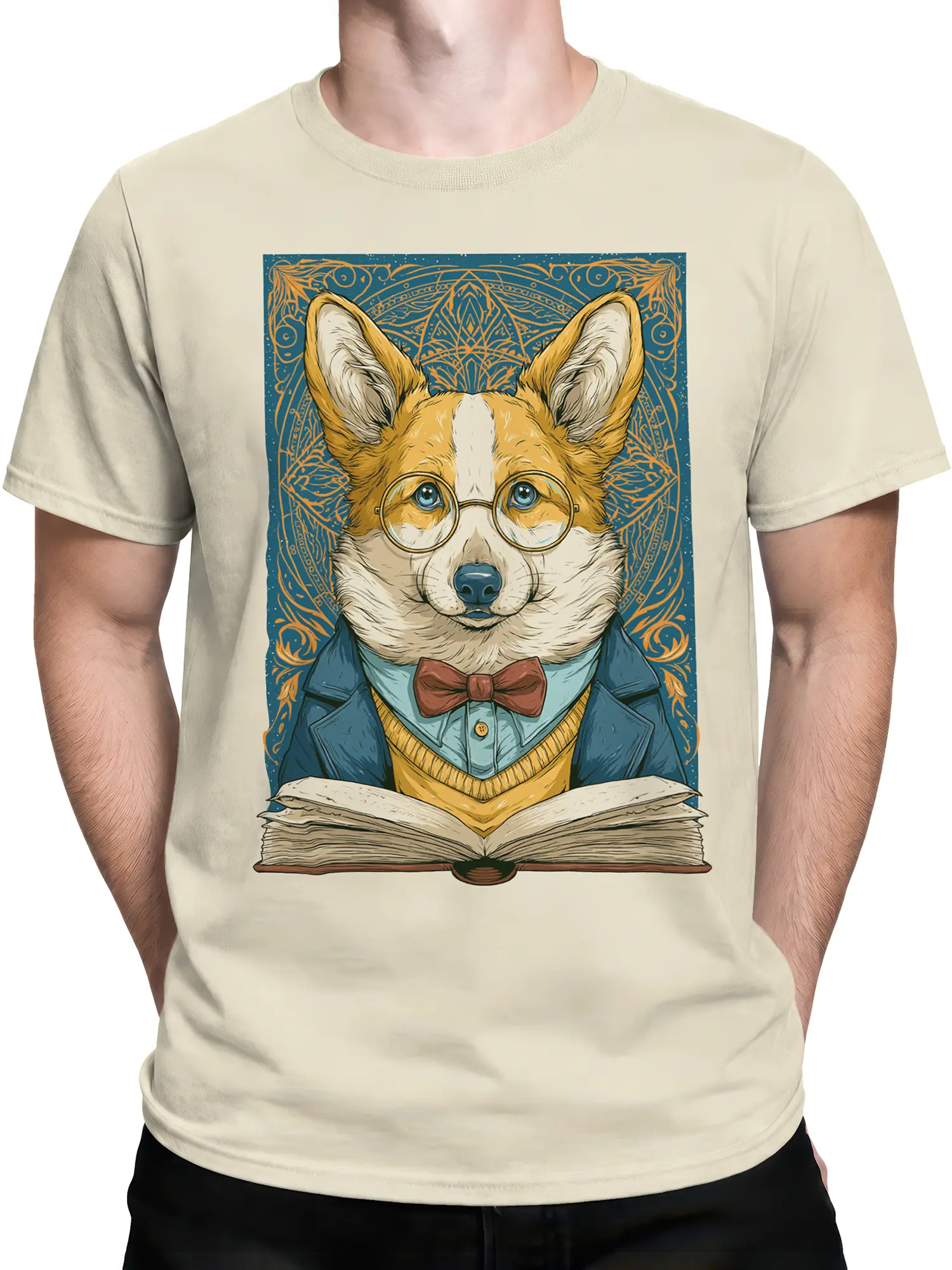 Man wearing the beige professor corgi t-shirt featuring the scholarly dog with glasses and book on the front