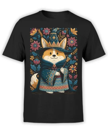 black t-shirt with whimsical wizard corgi in blue robes and hat framed by colorful flowers in a detailed fantasy style