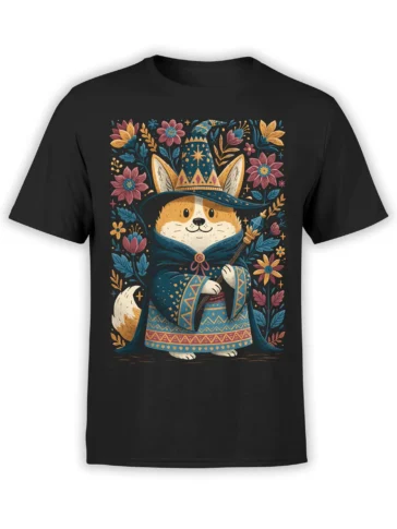 black t-shirt with whimsical wizard corgi in blue robes and hat framed by colorful flowers in a detailed fantasy style