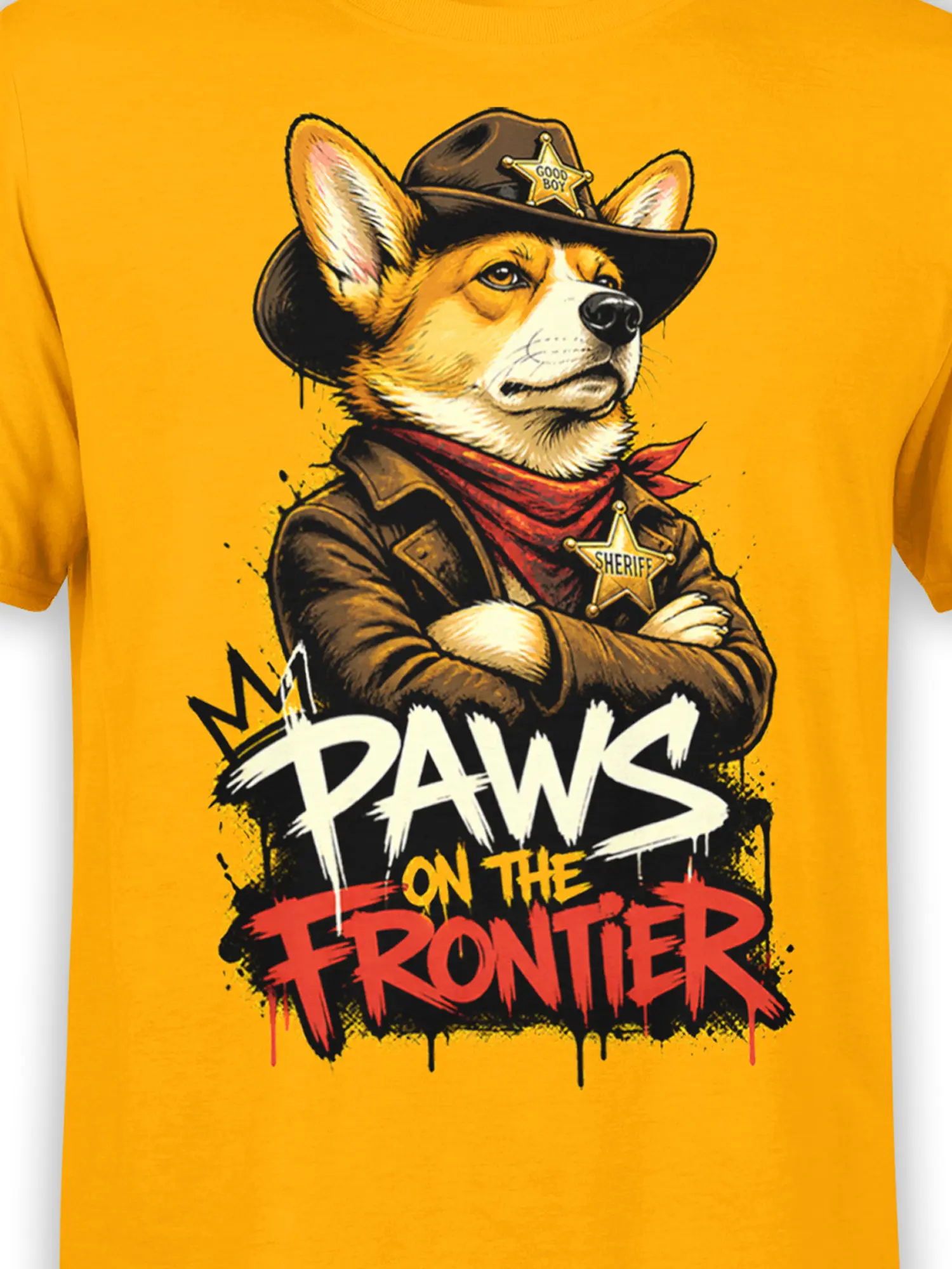 Close-up of the cowboy sheriff corgi face, badges, and “Paws on the Frontier” text on the yellow graphic tee