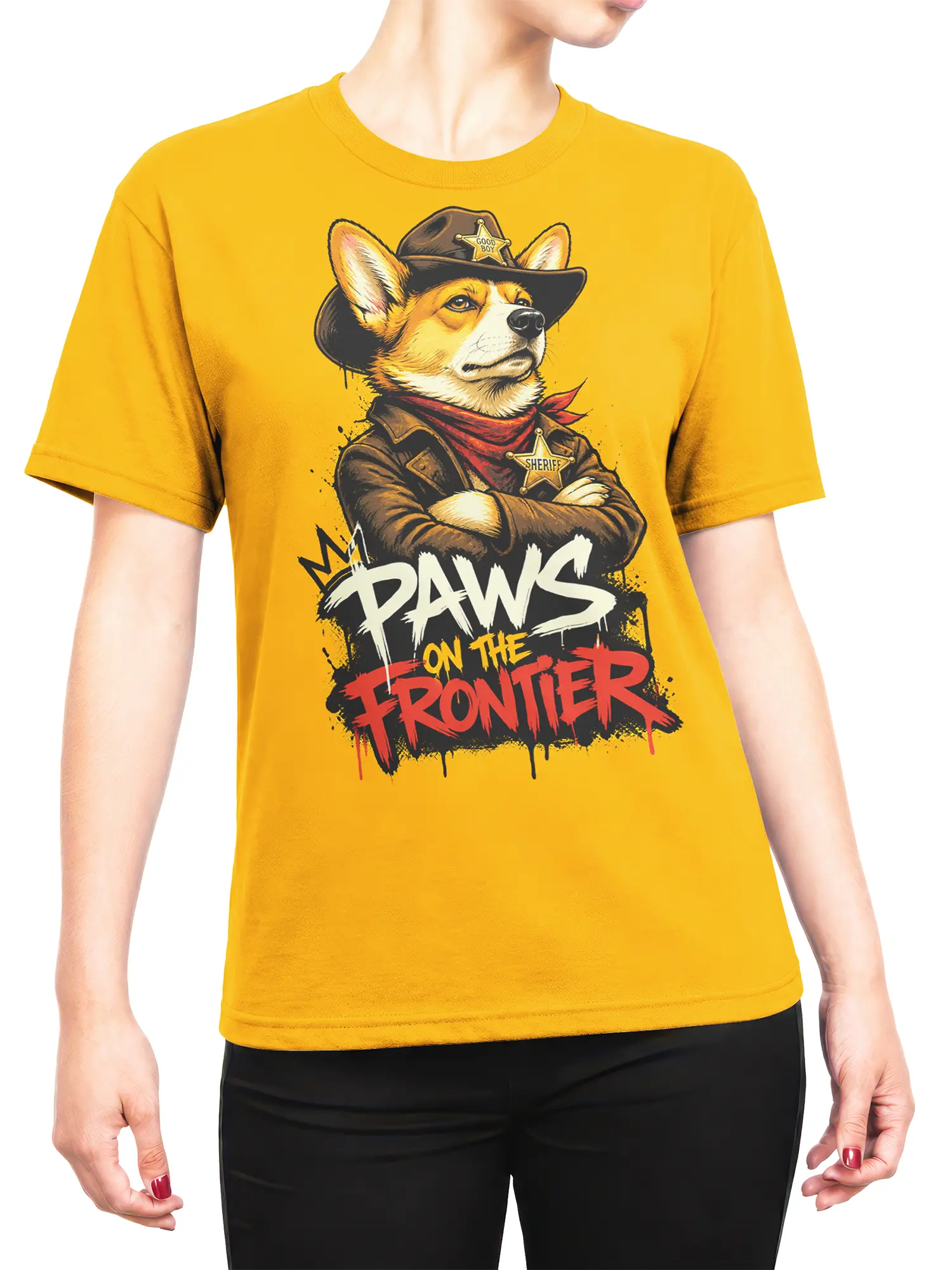 Woman wearing yellow cowboy sheriff corgi shirt with “Paws on the Frontier” text, styled as a casual everyday outfit