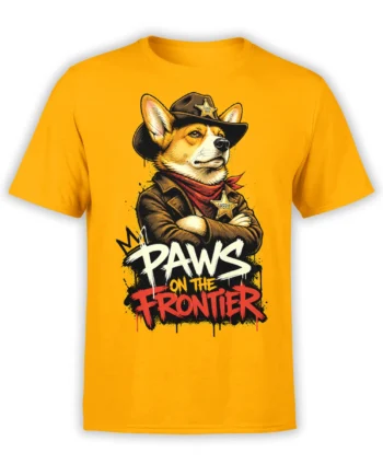 Yellow unisex T-shirt with a bold cowboy sheriff corgi illustration and “Paws on the Frontier” graffiti text in white, yellow, and red