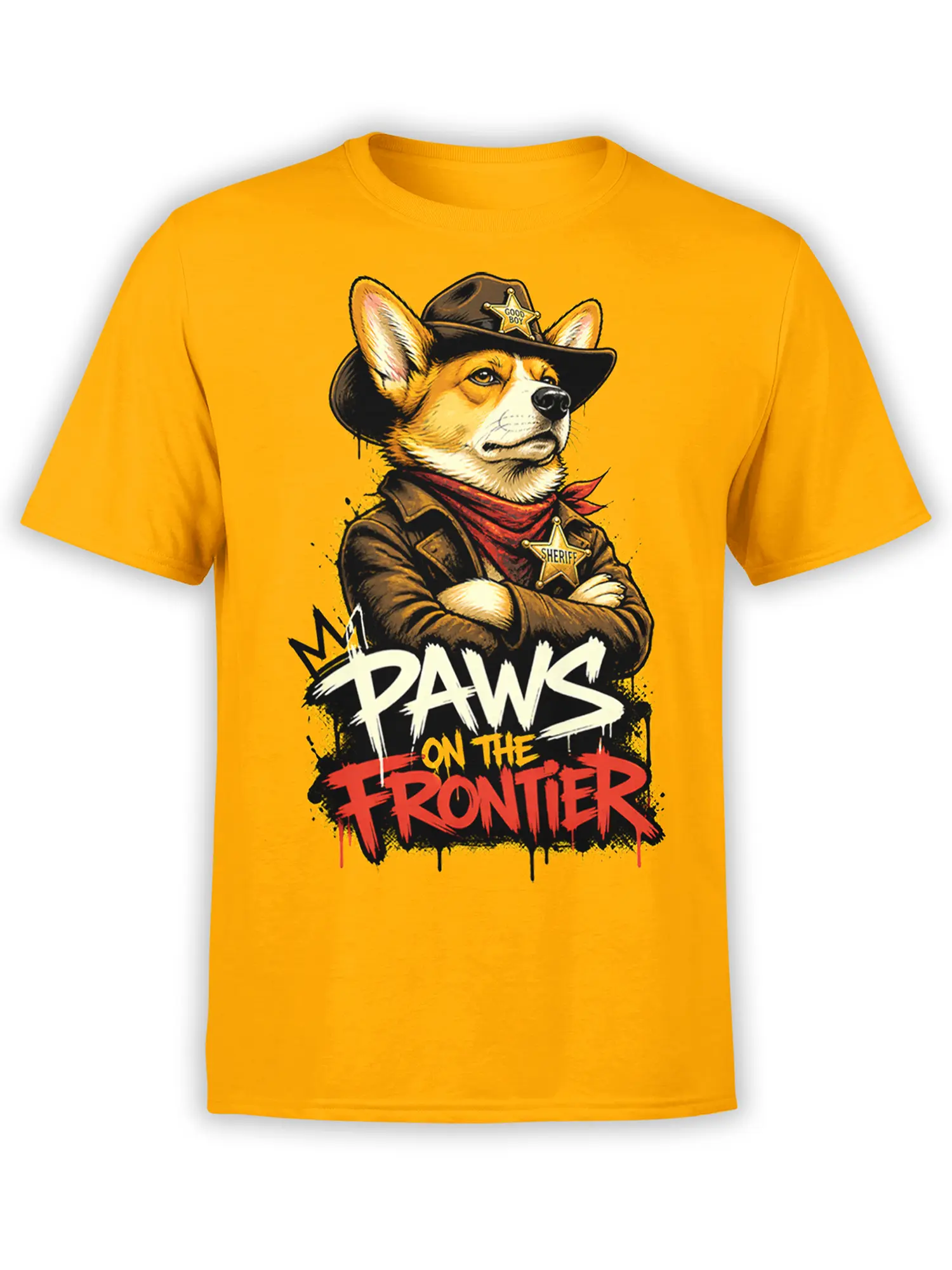 Yellow unisex T-shirt with a bold cowboy sheriff corgi illustration and “Paws on the Frontier” graffiti text in white, yellow, and red