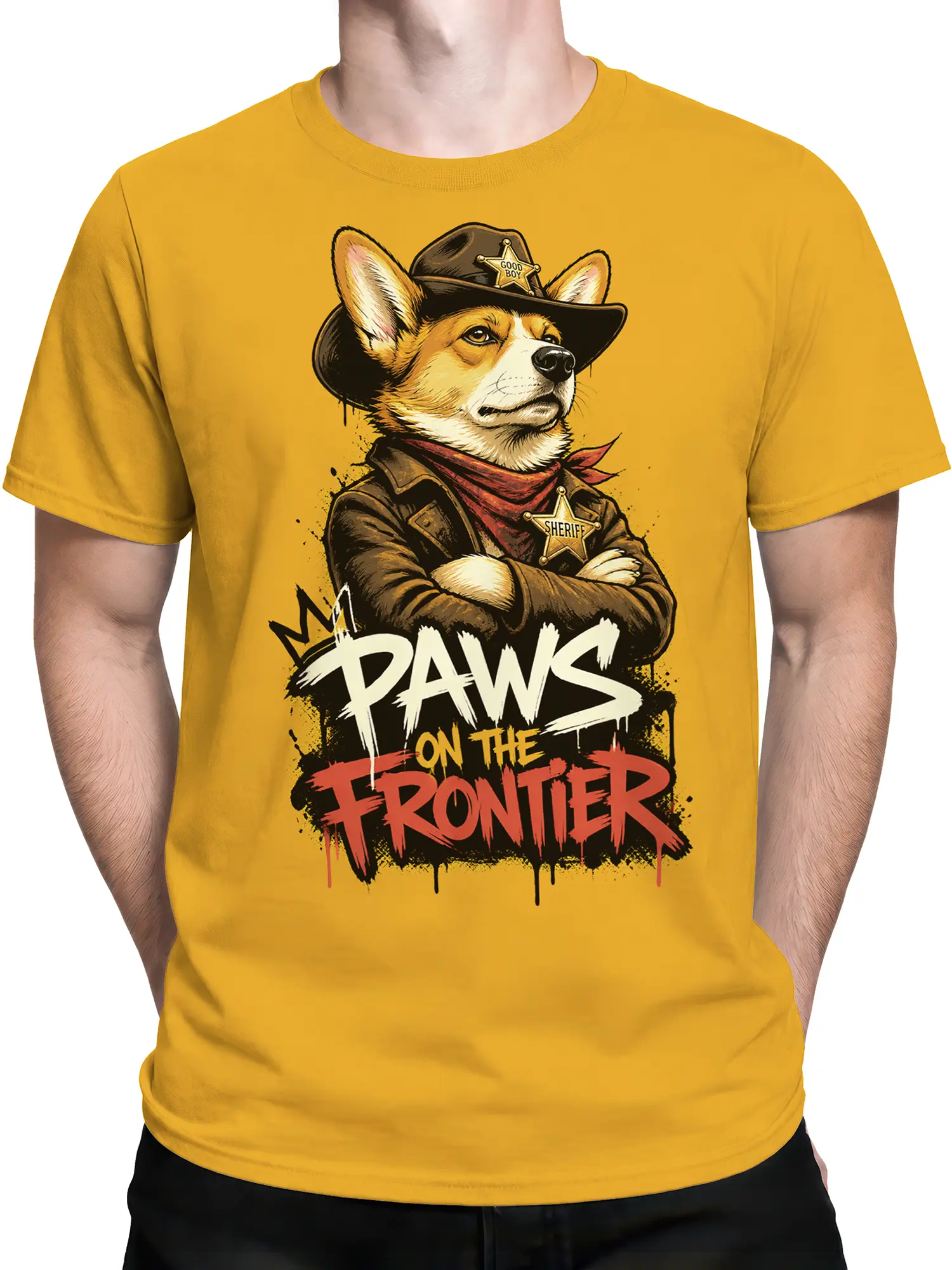 Man wearing yellow corgi sheriff frontier graphic shirt with bold Wild West dog design and graffiti text