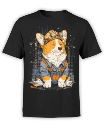 black unisex t-shirt with a detailed builder corgi graphic in a hard hat and overalls, sitting in front of cranes and stars