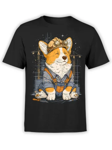 black unisex t-shirt with a detailed builder corgi graphic in a hard hat and overalls, sitting in front of cranes and stars
