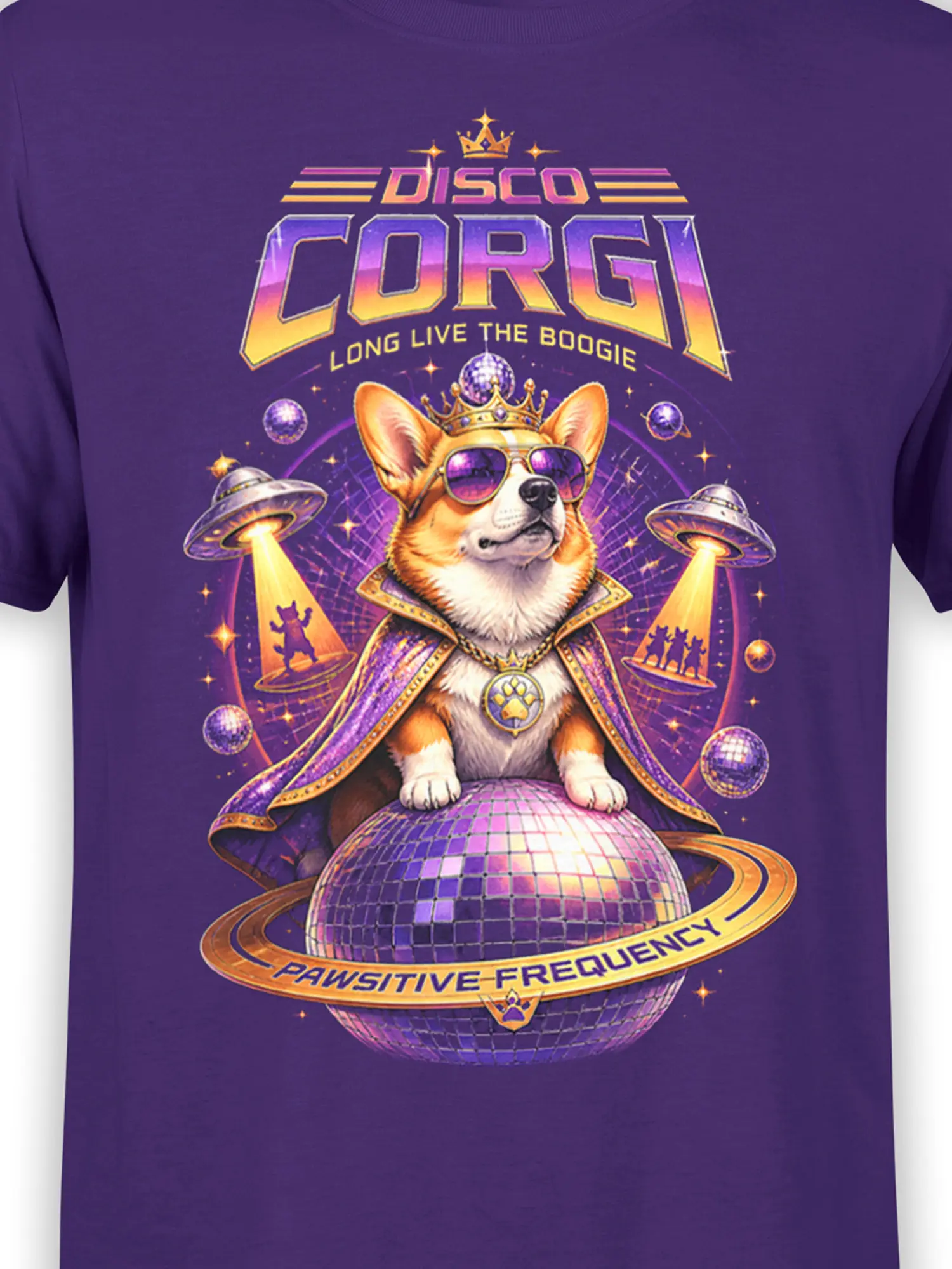 Close-up of the neon disco corgi design with crown, sunglasses, cape, and mirrored disco ball on purple cotton fabric