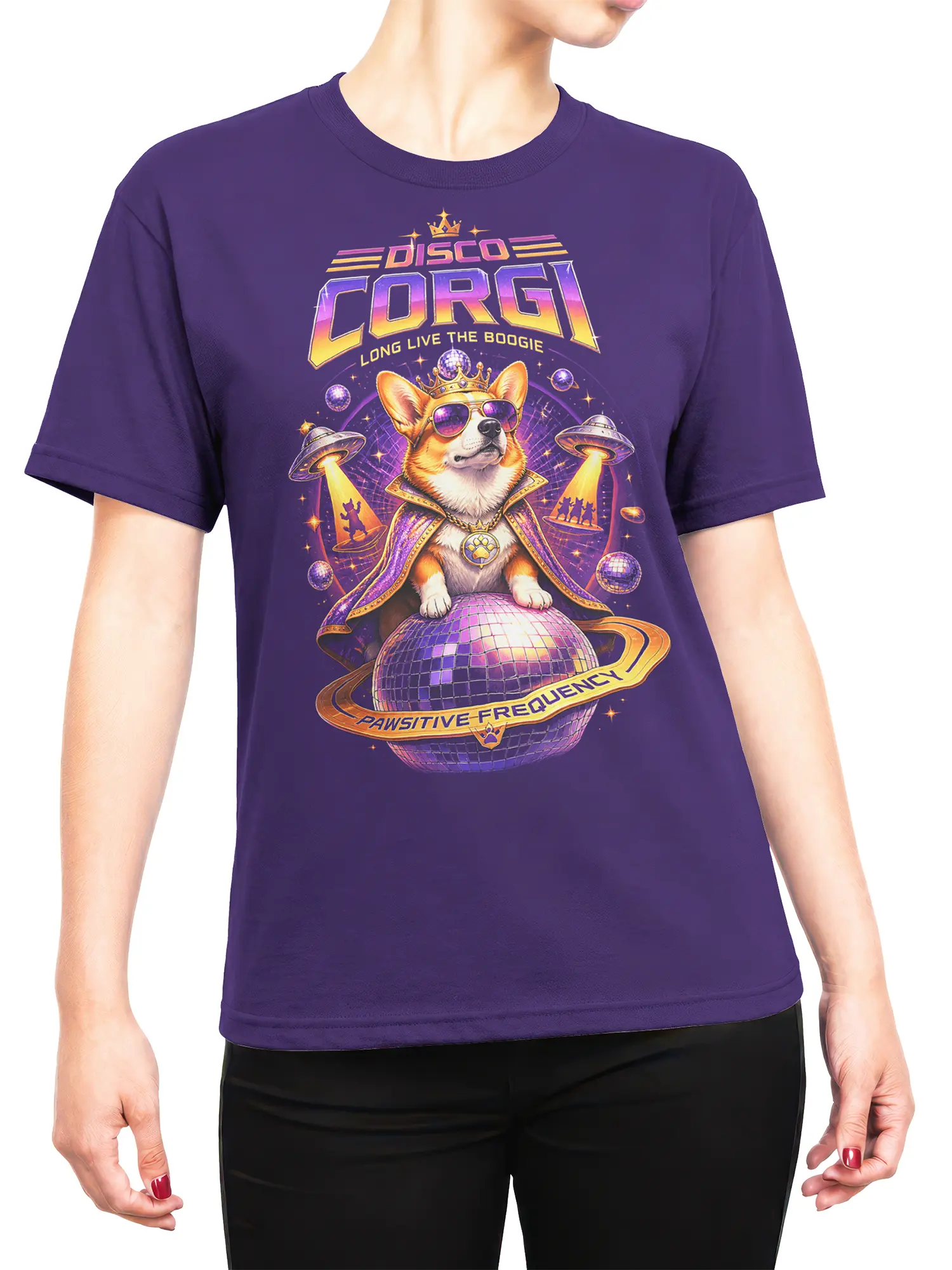 Woman wearing the purple disco corgi t-shirt with the crowned corgi on a disco ball and space disco elements