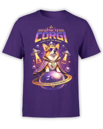 Purple unisex t-shirt with a regal disco corgi in crown and sunglasses sitting on a shining disco ball surrounded by UFOs and neon space details