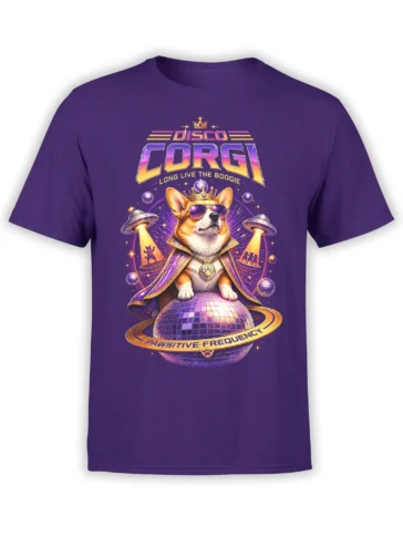 Purple unisex t-shirt with a regal disco corgi in crown and sunglasses sitting on a shining disco ball surrounded by UFOs and neon space details