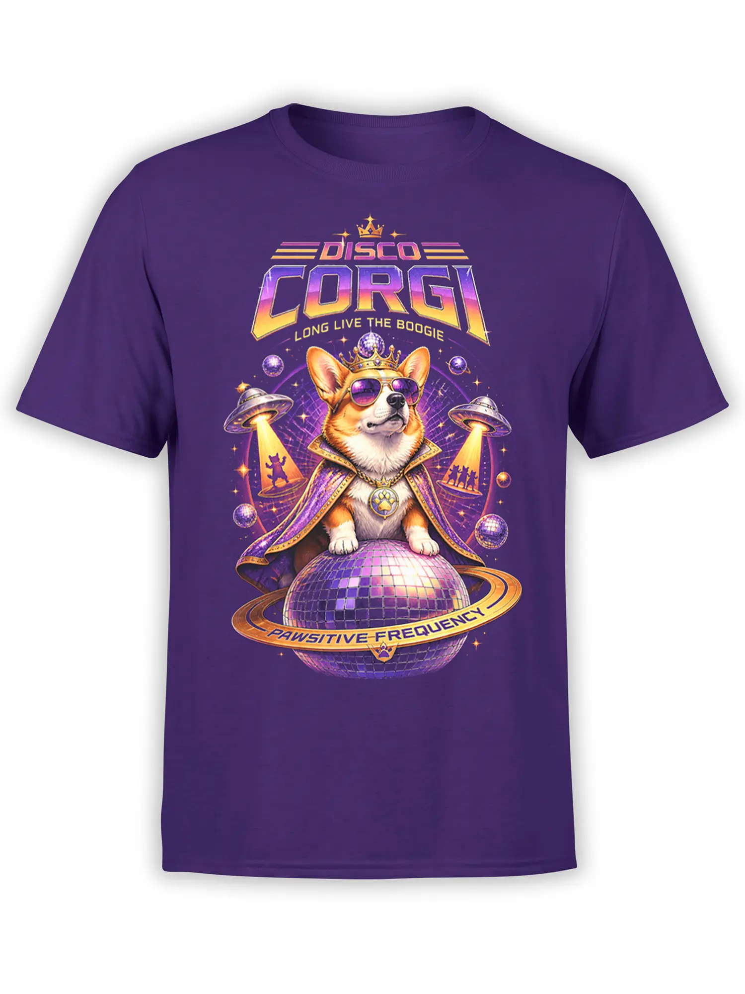 Purple unisex t-shirt with a regal disco corgi in crown and sunglasses sitting on a shining disco ball surrounded by UFOs and neon space details