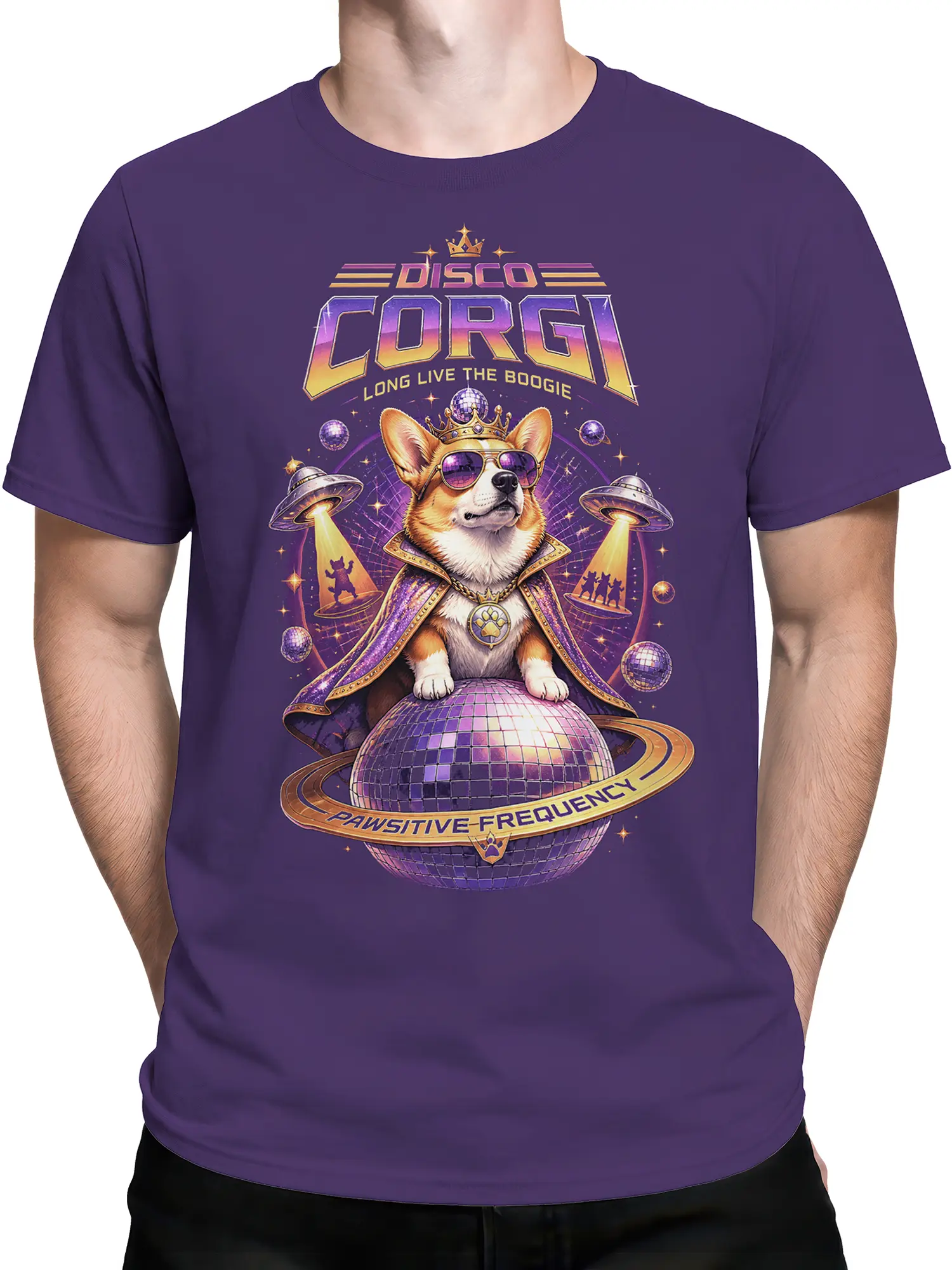 Man wearing the purple disco corgi t-shirt with crowned corgi, disco ball, and UFO dance floor scene