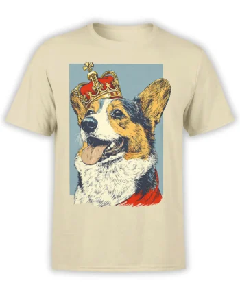 beige unisex T-shirt with a playful royal corgi in a red crown and cape set inside a blue rectangle