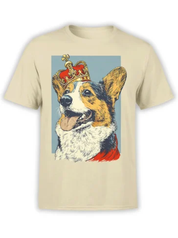 beige unisex T-shirt with a playful royal corgi in a red crown and cape set inside a blue rectangle