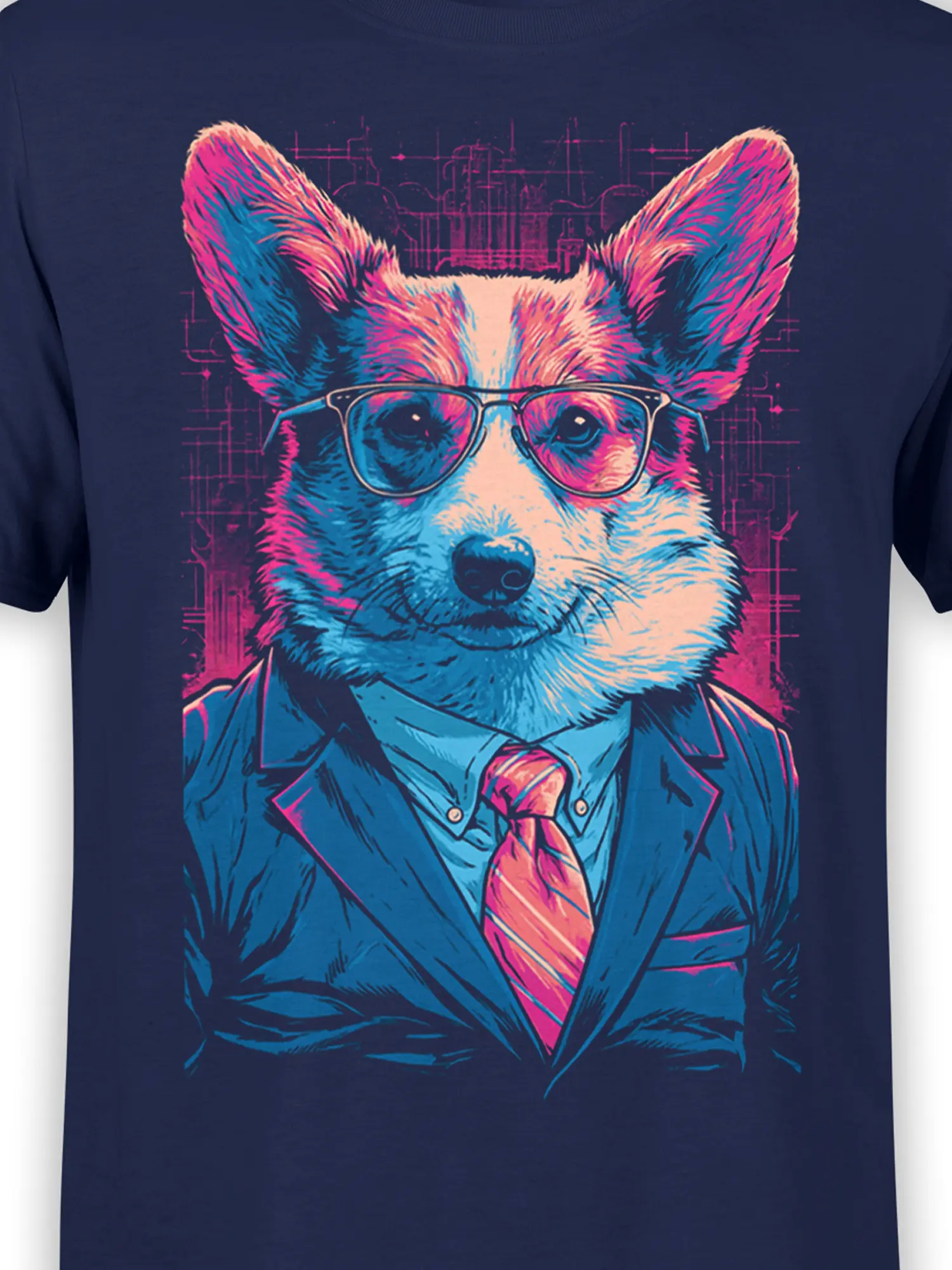 Close-up of the neon cyberpunk corgi face with glasses, suit and tie on the navy T-shirt, showing detailed pink and blue line art