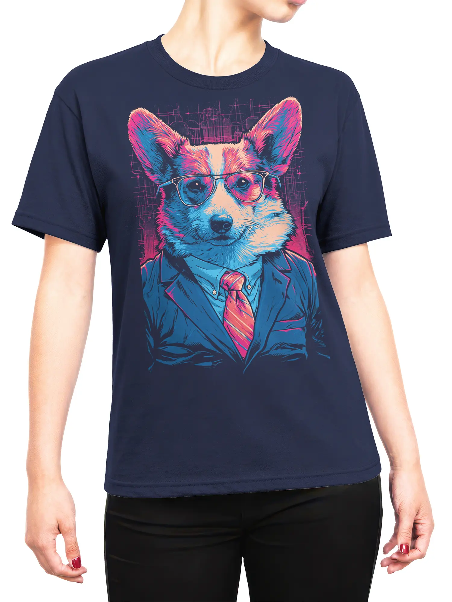 Woman wearing the navy T-shirt with neon corgi in glasses, suit and tie for a playful office-ready streetwear look