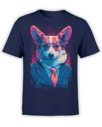 Neon corgi in glasses, suit and tie printed on a navy unisex T-shirt, blending office style with playful cyberpunk dog art