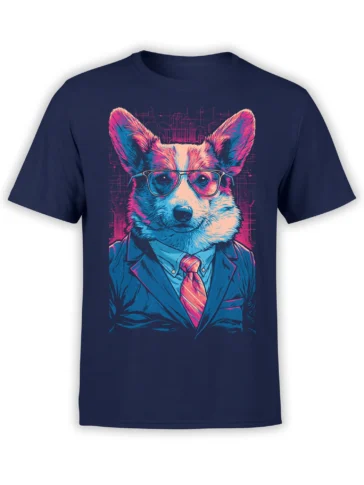 Neon corgi in glasses, suit and tie printed on a navy unisex T-shirt, blending office style with playful cyberpunk dog art