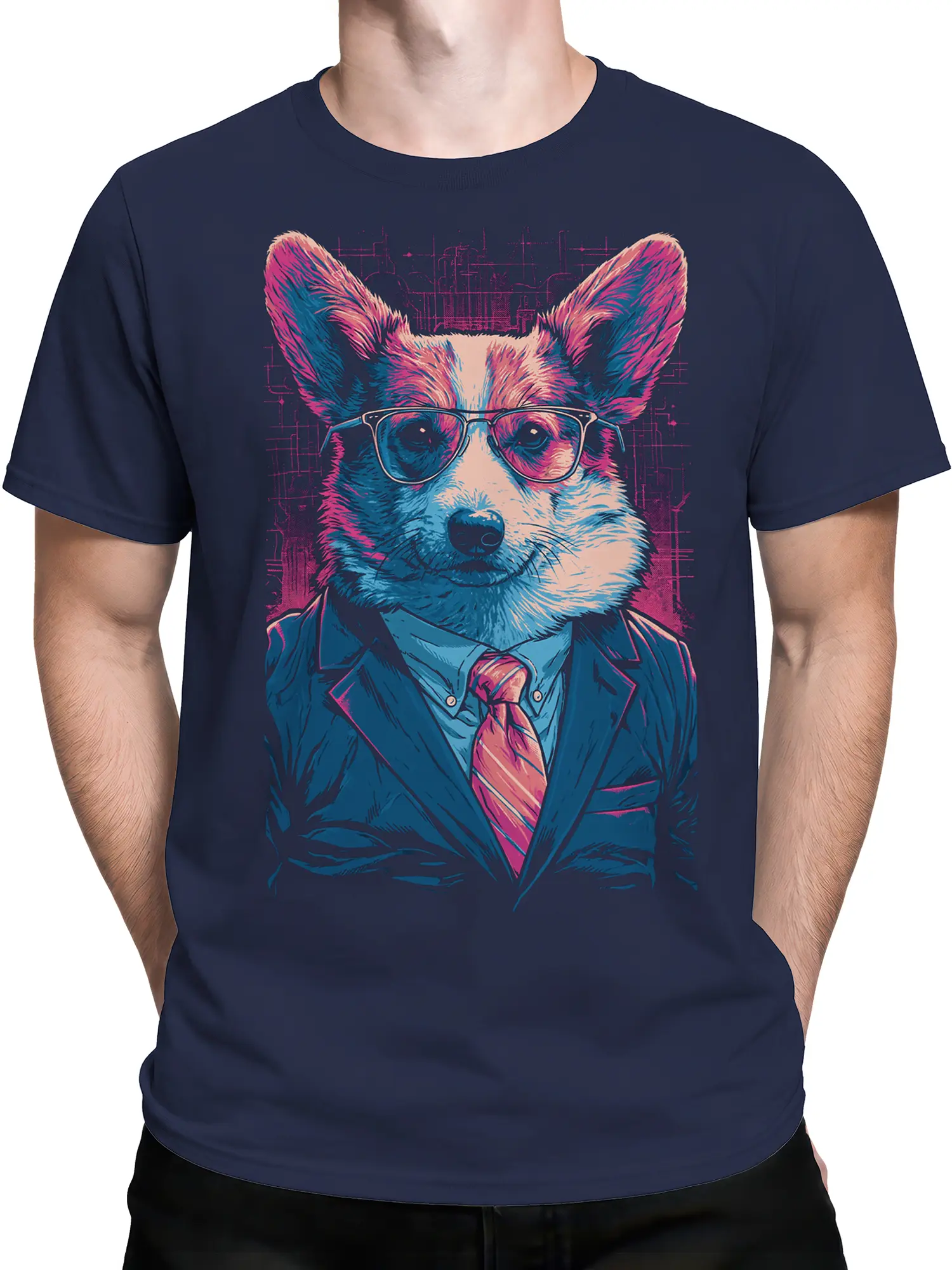 Man wearing navy T-shirt with neon corgi in glasses, suit and tie, pairing geeky dog art with smart-casual style