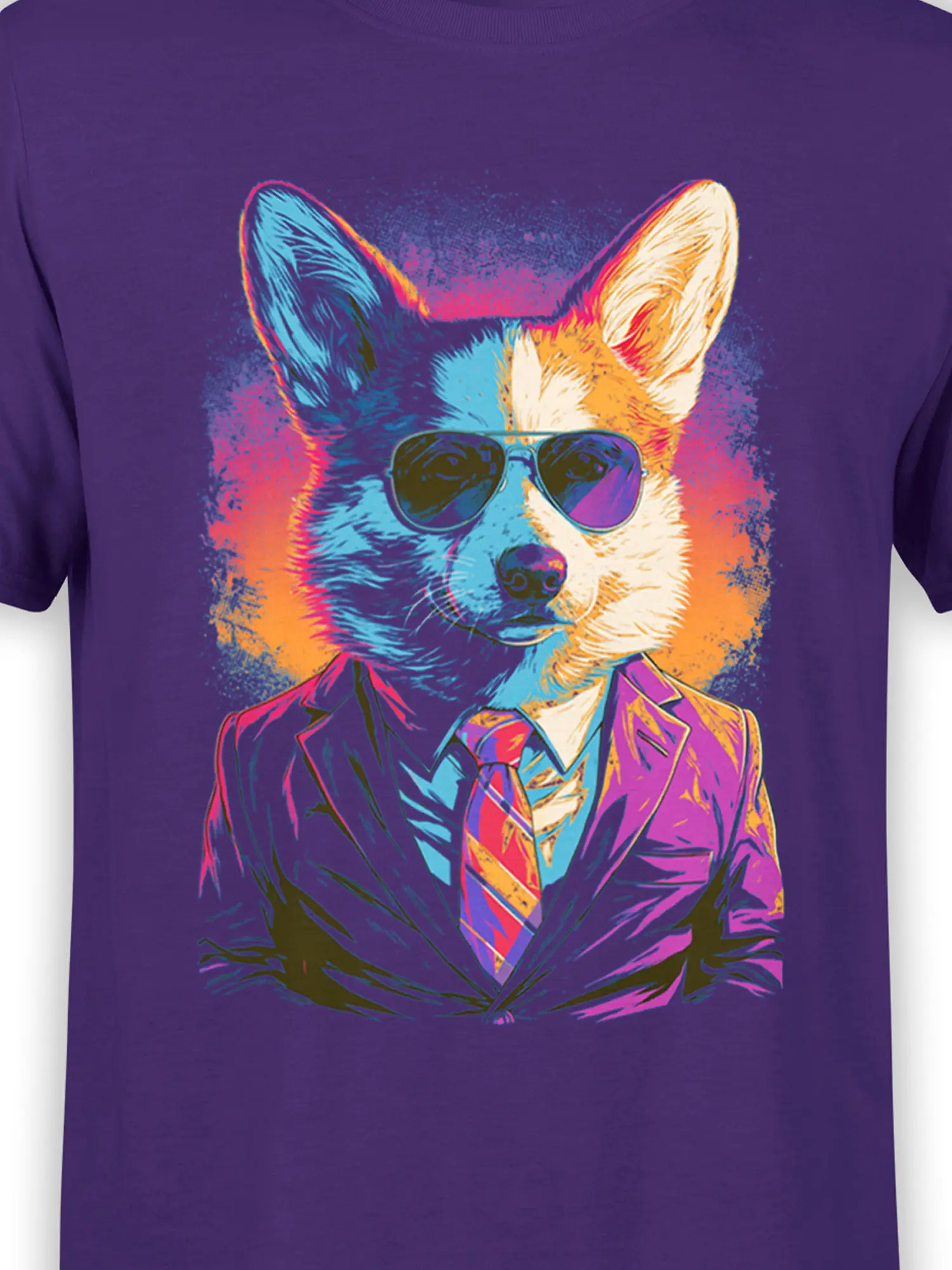 Close-up of neon corgi in suit and sunglasses graphic on purple shirt, highlighting vivid colors and detailed pop art lines