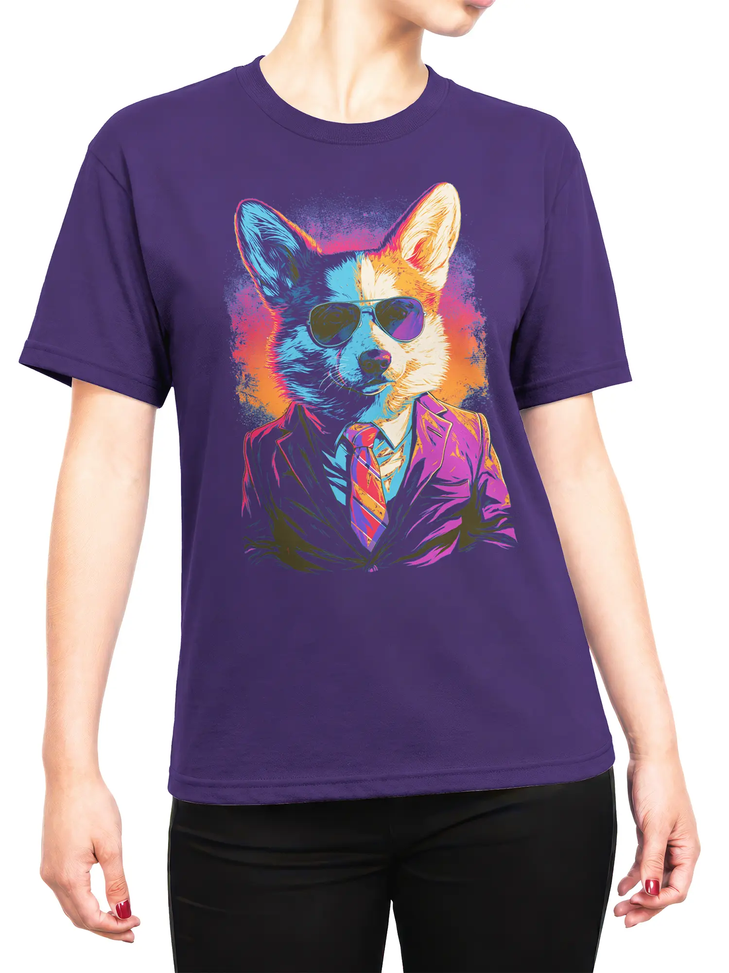 Woman wearing purple corgi pop art shirt, showing fit and placement of neon suited corgi design on front