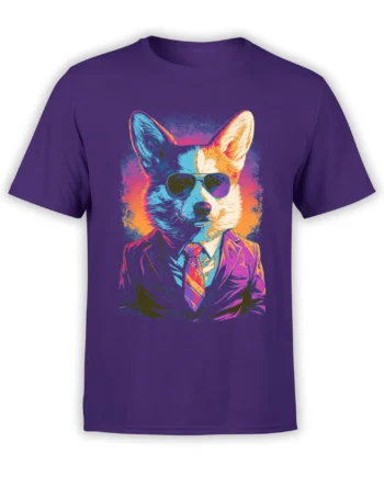 Front view of purple unisex t-shirt with neon pop art corgi in a suit and sunglasses, showing the full colorful design centered on the chest