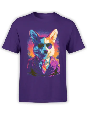 Front view of purple unisex t-shirt with neon pop art corgi in a suit and sunglasses, showing the full colorful design centered on the chest