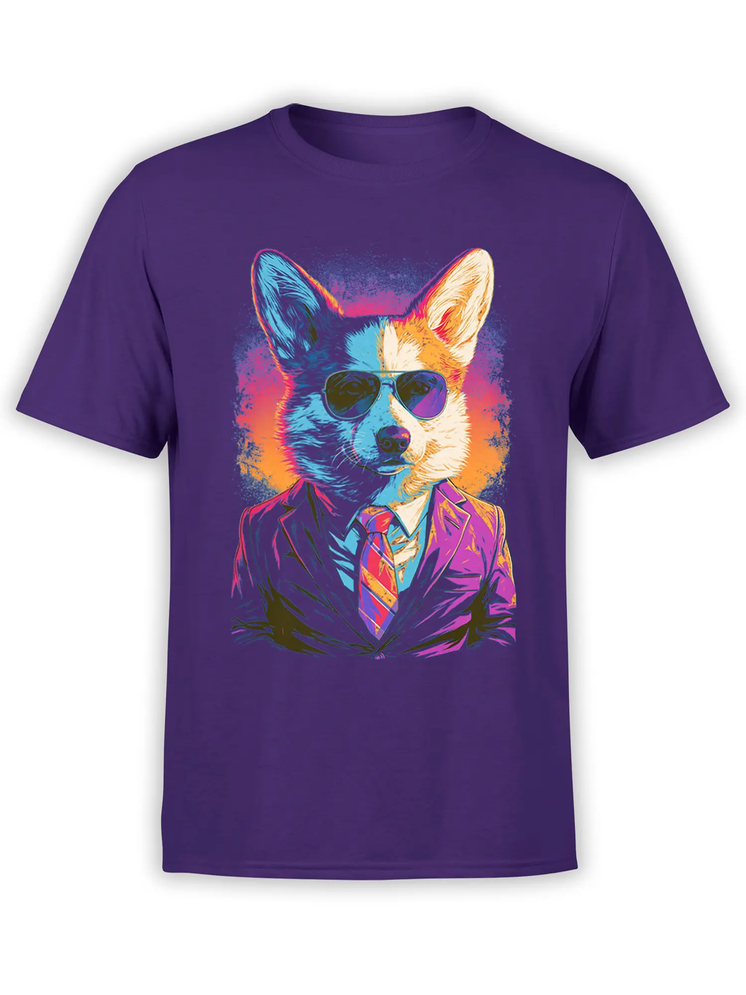 Front view of purple unisex t-shirt with neon pop art corgi in a suit and sunglasses, showing the full colorful design centered on the chest