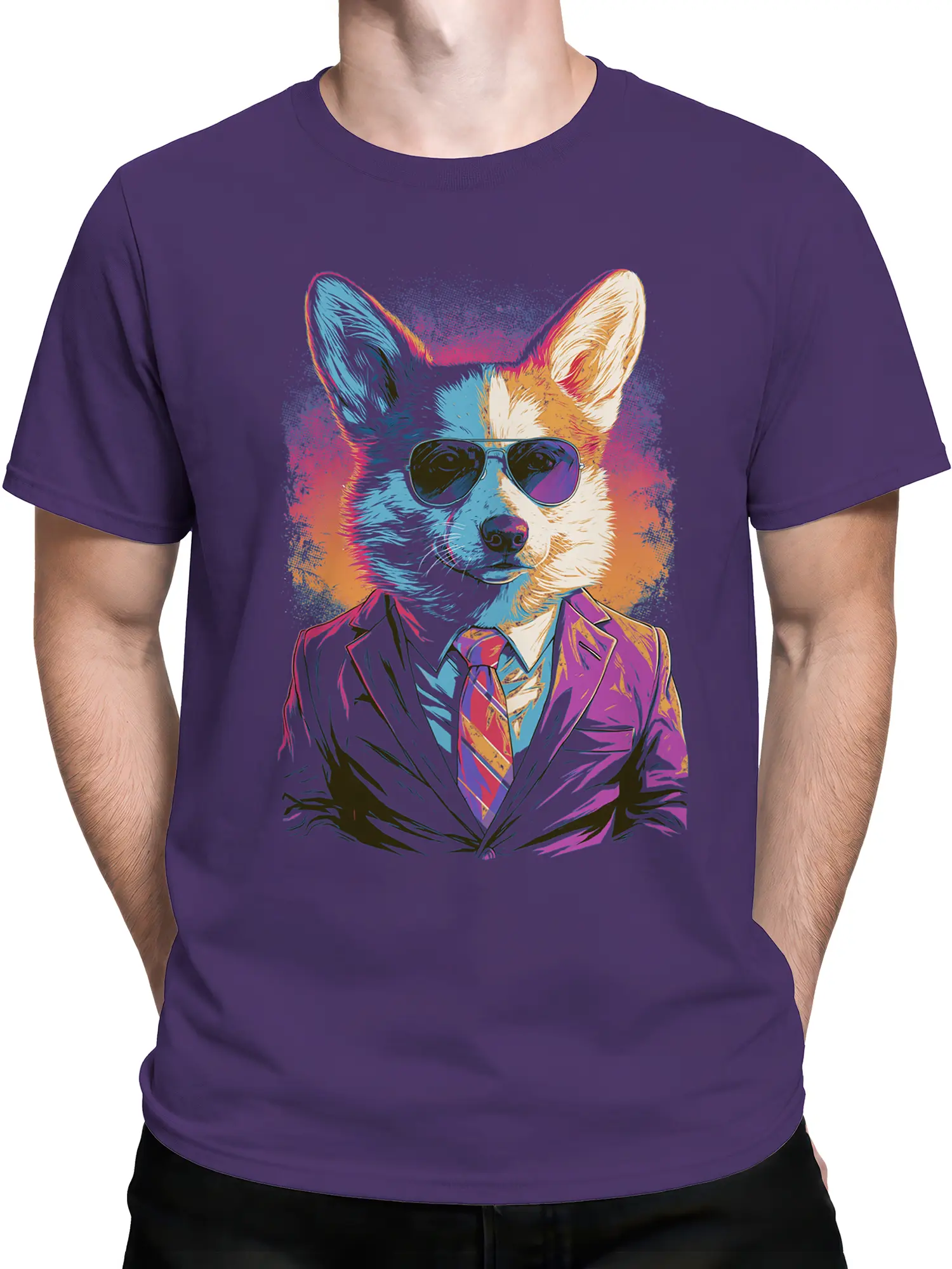 Man wearing purple t-shirt with neon corgi in suit and sunglasses, highlighting relaxed unisex fit