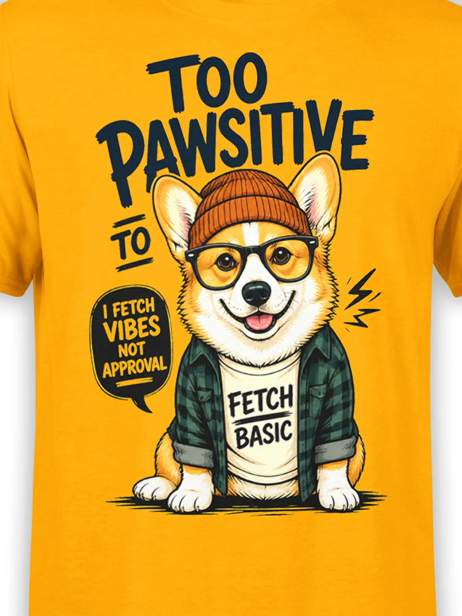 Close-up of hipster corgi artwork with glasses, beanie, and Fetch Basic tee on bright yellow fabric