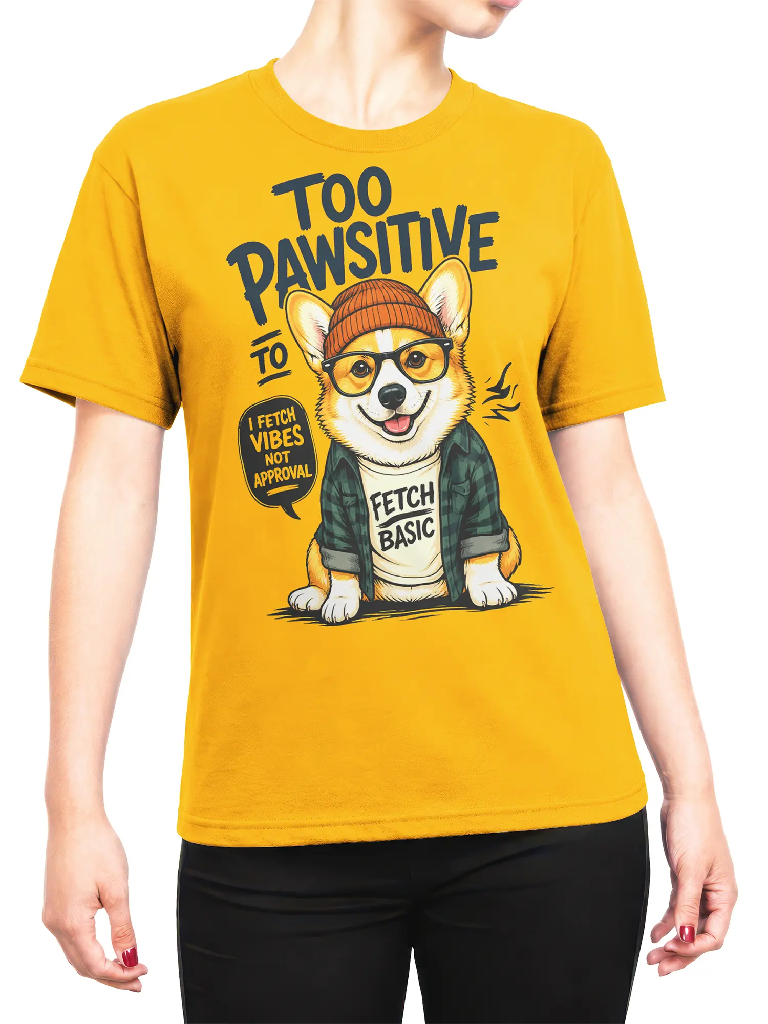 Woman wearing yellow Too Pawsitive hipster corgi t-shirt styled casually for everyday wear