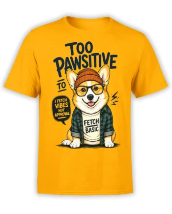 Yellow unisex t-shirt featuring a hipster corgi with Too Pawsitive slogan and speech bubble, ideal for fun-loving corgi and dog fans