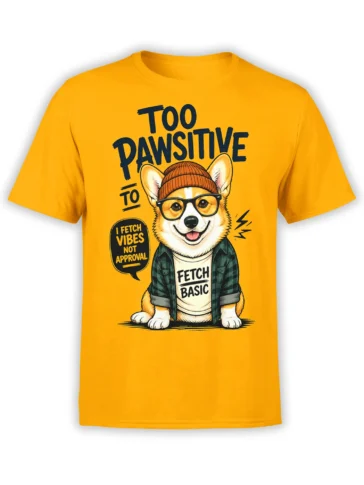 Yellow unisex t-shirt featuring a hipster corgi with Too Pawsitive slogan and speech bubble, ideal for fun-loving corgi and dog fans