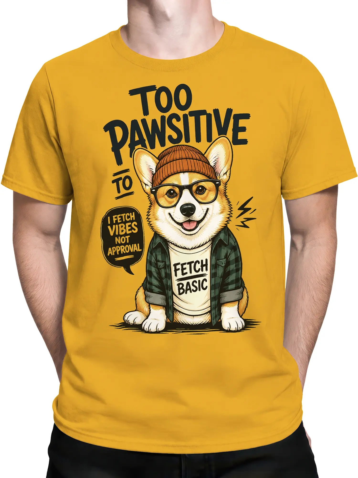 Man wearing yellow hipster corgi Too Pawsitive t-shirt with relaxed casual outfit