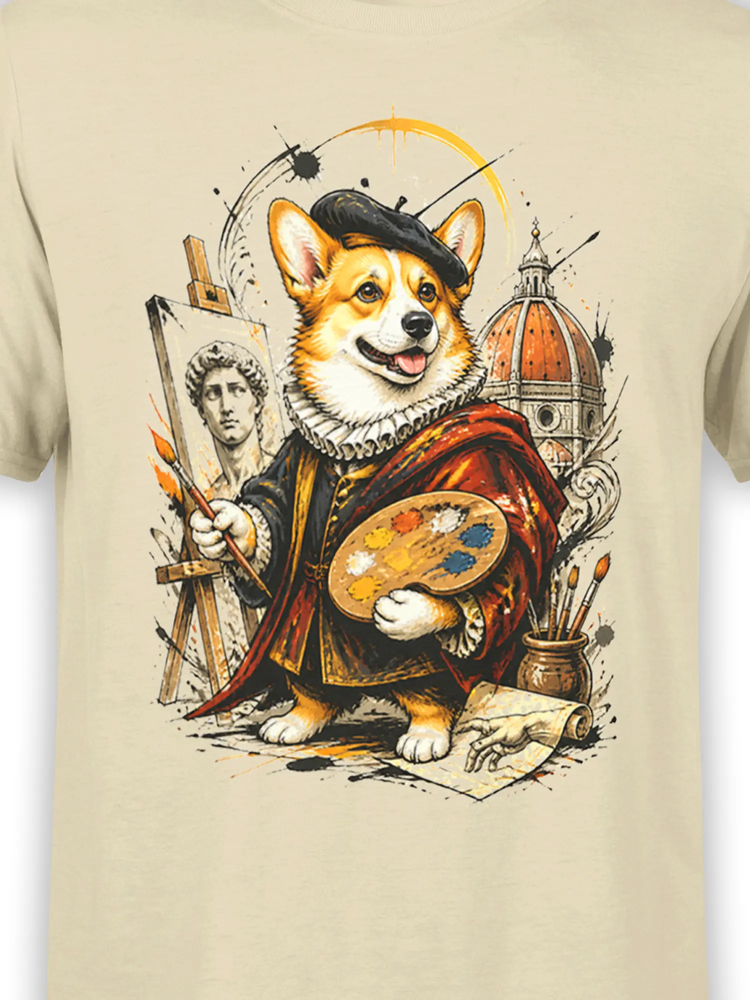 Close-up of Renaissance corgi artist design with palette, beret, and classical statue details on beige shirt
