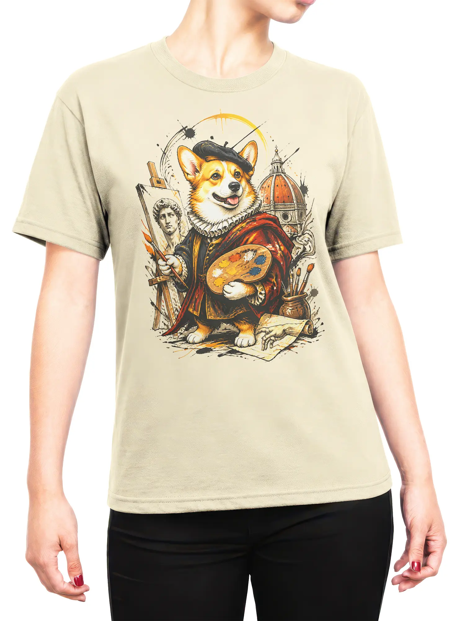 Woman wearing beige Renaissance corgi artist t-shirt with painter dog and classical art background