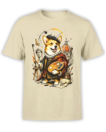 Beige unisex t-shirt with detailed Renaissance painter corgi graphic holding a palette and brush in front of classical art elements