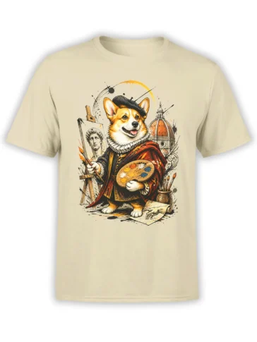 Beige unisex t-shirt with detailed Renaissance painter corgi graphic holding a palette and brush in front of classical art elements