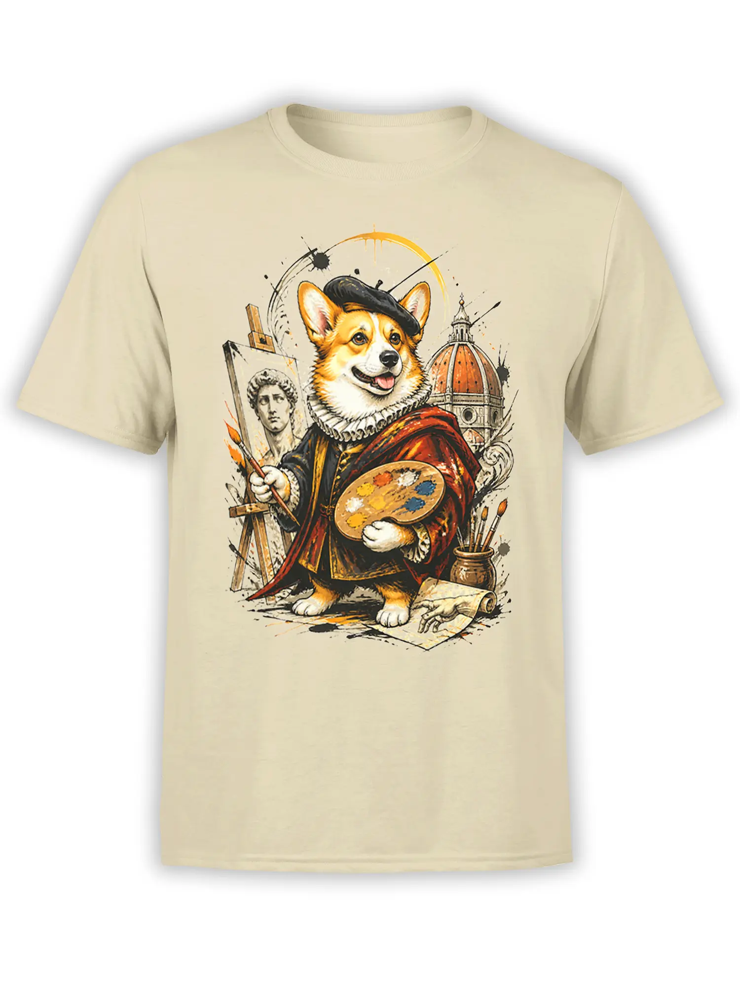 Beige unisex t-shirt with detailed Renaissance painter corgi graphic holding a palette and brush in front of classical art elements