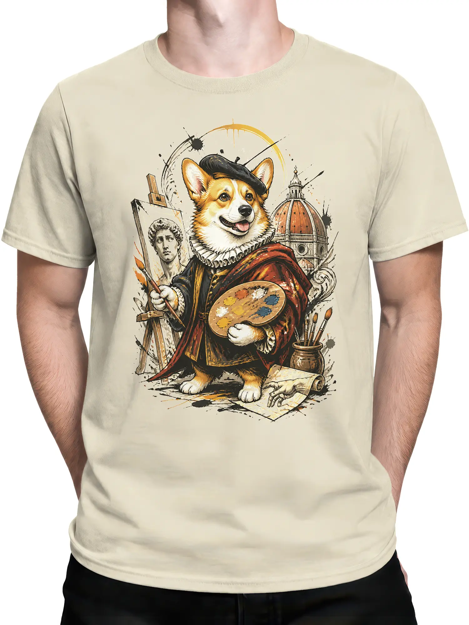 Man wearing beige t-shirt with Renaissance painter corgi holding palette in front of statue and dome