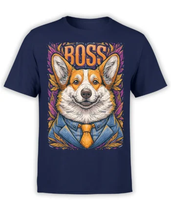 Front view of navy unisex t-shirt with a colorful corgi boss in a blue suit, golden tie, and bold BOSS text framed by orange and purple leaves
