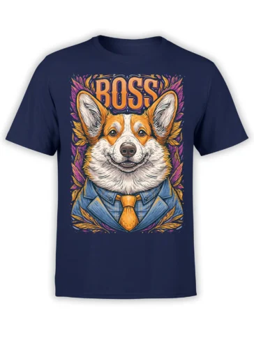 Front view of navy unisex t-shirt with a colorful corgi boss in a blue suit, golden tie, and bold BOSS text framed by orange and purple leaves