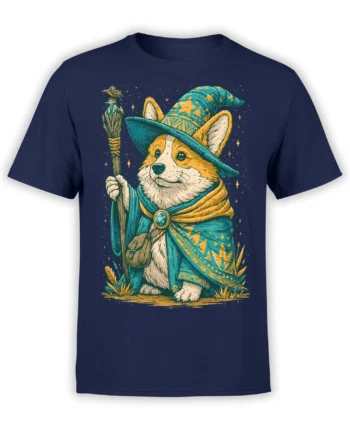 navy unisex t-shirt with a detailed wizard corgi holding a staff and bird familiar, wearing teal and gold robes against a starry night