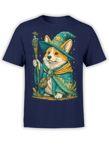navy unisex t-shirt with a detailed wizard corgi holding a staff and bird familiar, wearing teal and gold robes against a starry night
