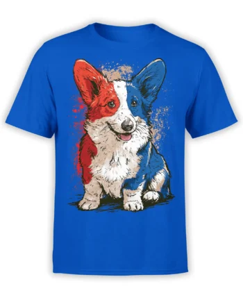 Front view of blue unisex t-shirt with colorful red white and blue paint splash corgi illustration centered on the chest
