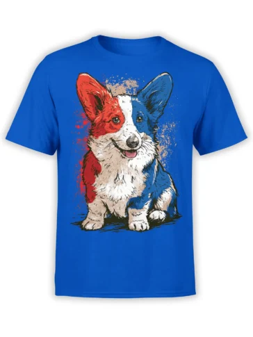 Front view of blue unisex t-shirt with colorful red white and blue paint splash corgi illustration centered on the chest